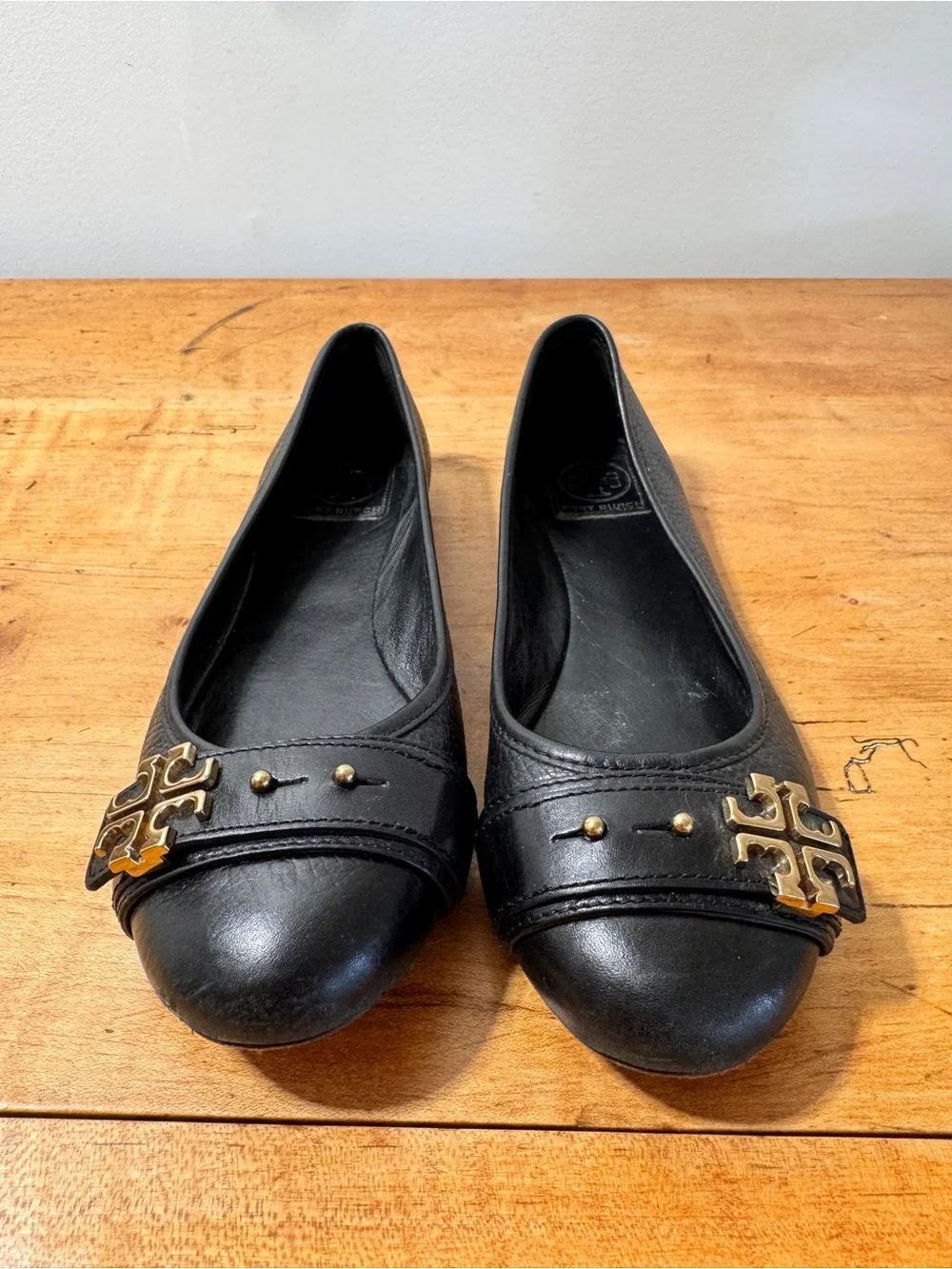 Tory Burch Black Leather Ballet Flats with Gold Logo Accents